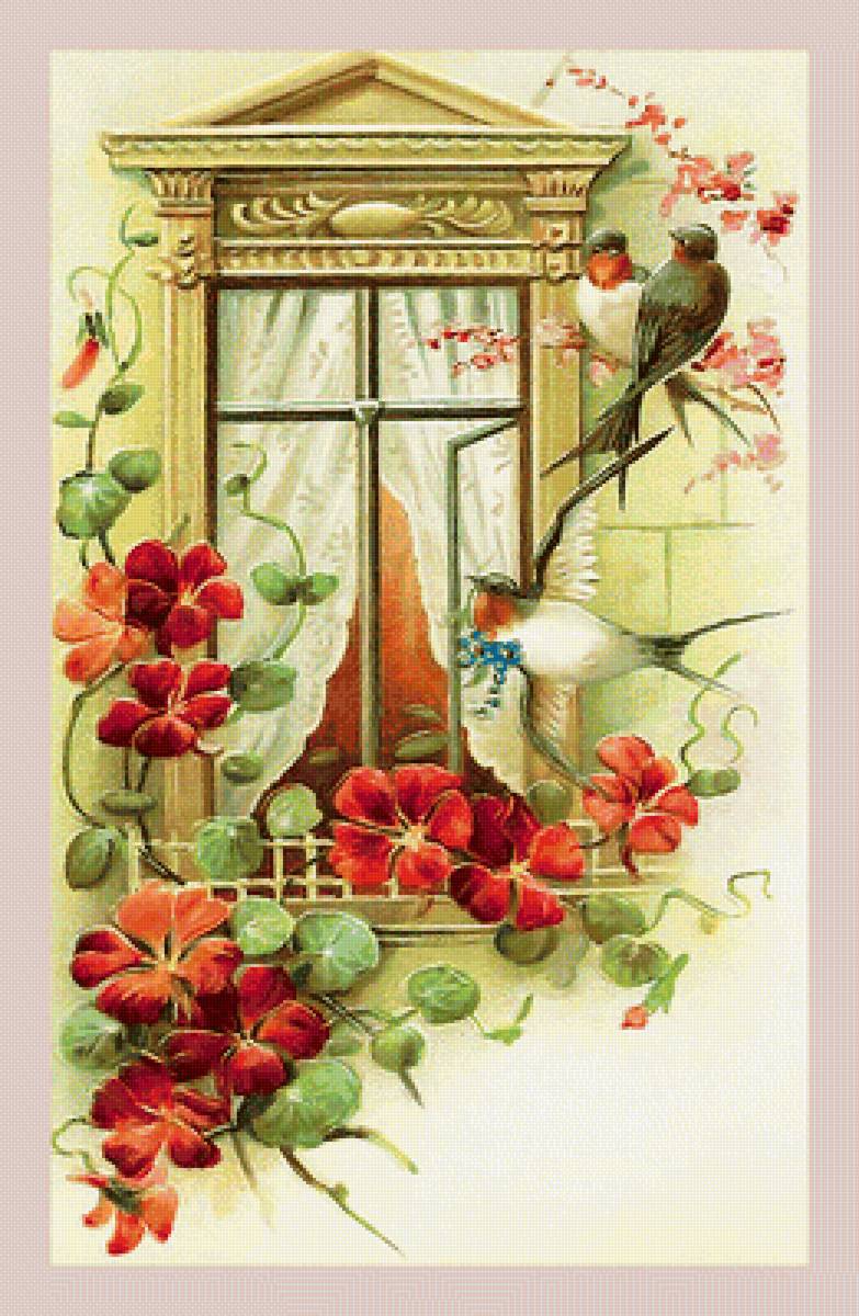 Серия "Винтаж". Домики - цветы, окно, птицы - предпросмотр