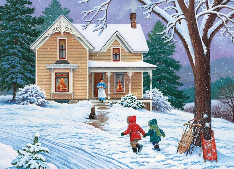 зимний вечер - домик, зима, дети, дом, деревья - оригинал