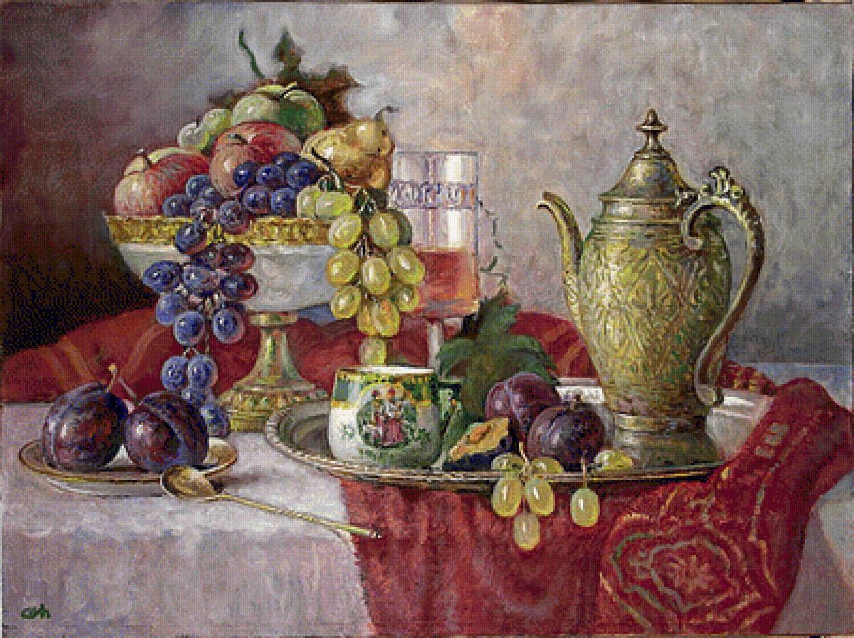 №1982572 - чашка, чайник, фрукты, натюрморт - предпросмотр