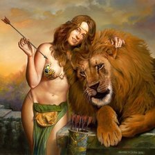 Схема вышивки «Лев и девушка со стрелой, Джулия Белл»