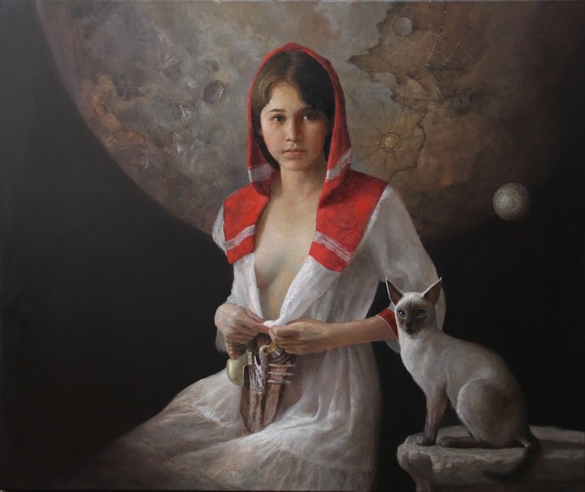 Рикардо Фернандес Ортега - девушка с кошкой на фоне луны - оригинал