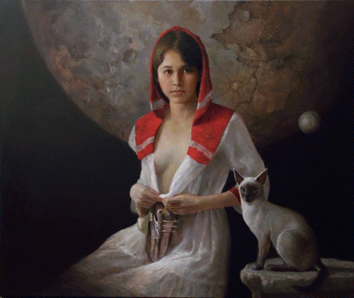 Рикардо Фернандес Ортега - девушка с кошкой на фоне луны - предпросмотр