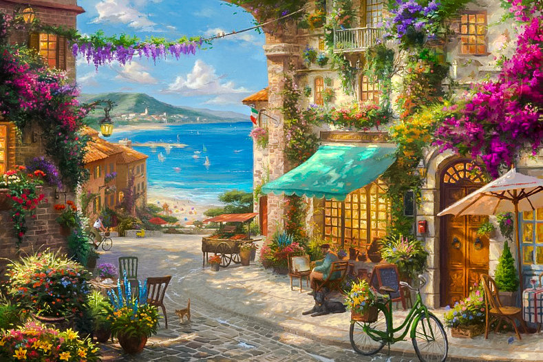 Italian Cafe. - thomas kinkade paintings.seascenes.people.animals. - оригинал