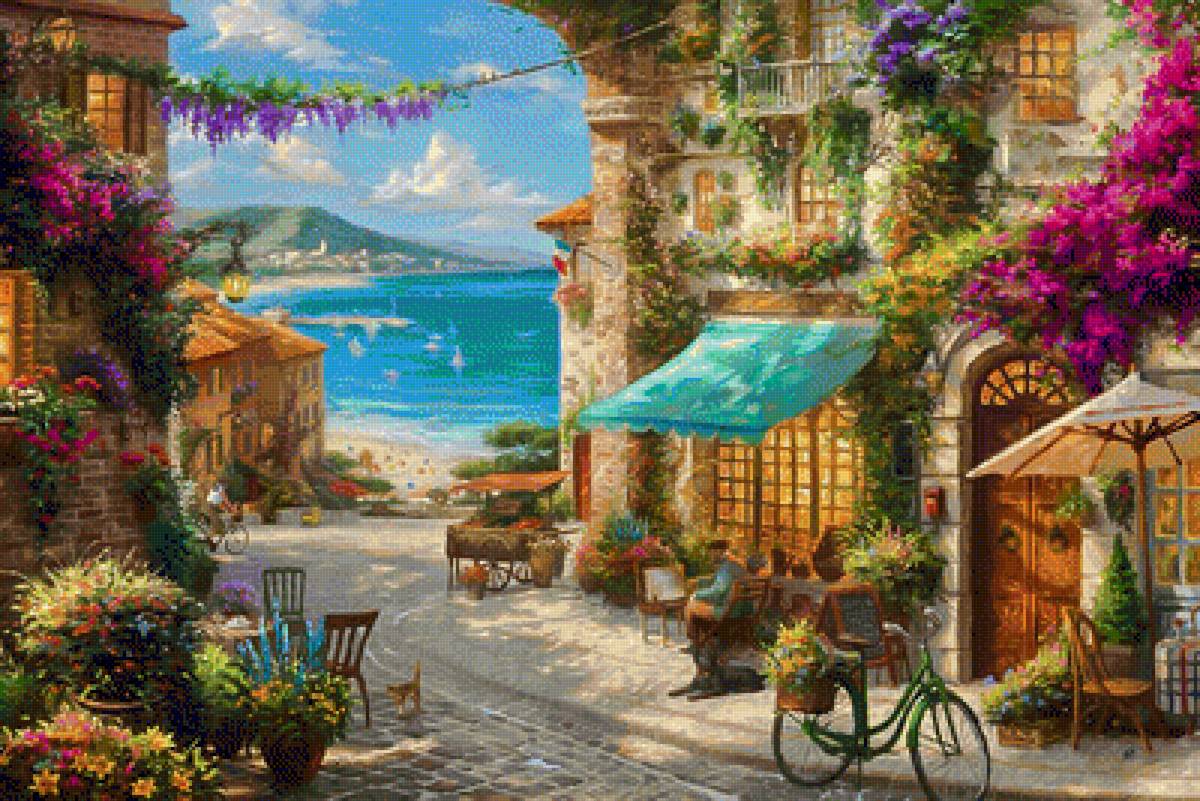 Italian Cafe. - thomas kinkade paintings.seascenes.people.animals. - предпросмотр