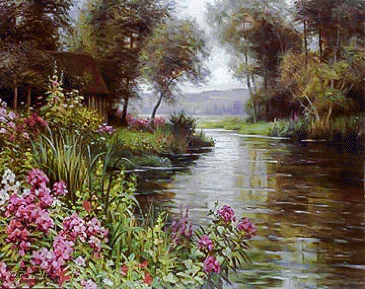 Flowers By the Edge of the River. - louis aston knight paintings.scenarys.flowers and gardens. - предпросмотр