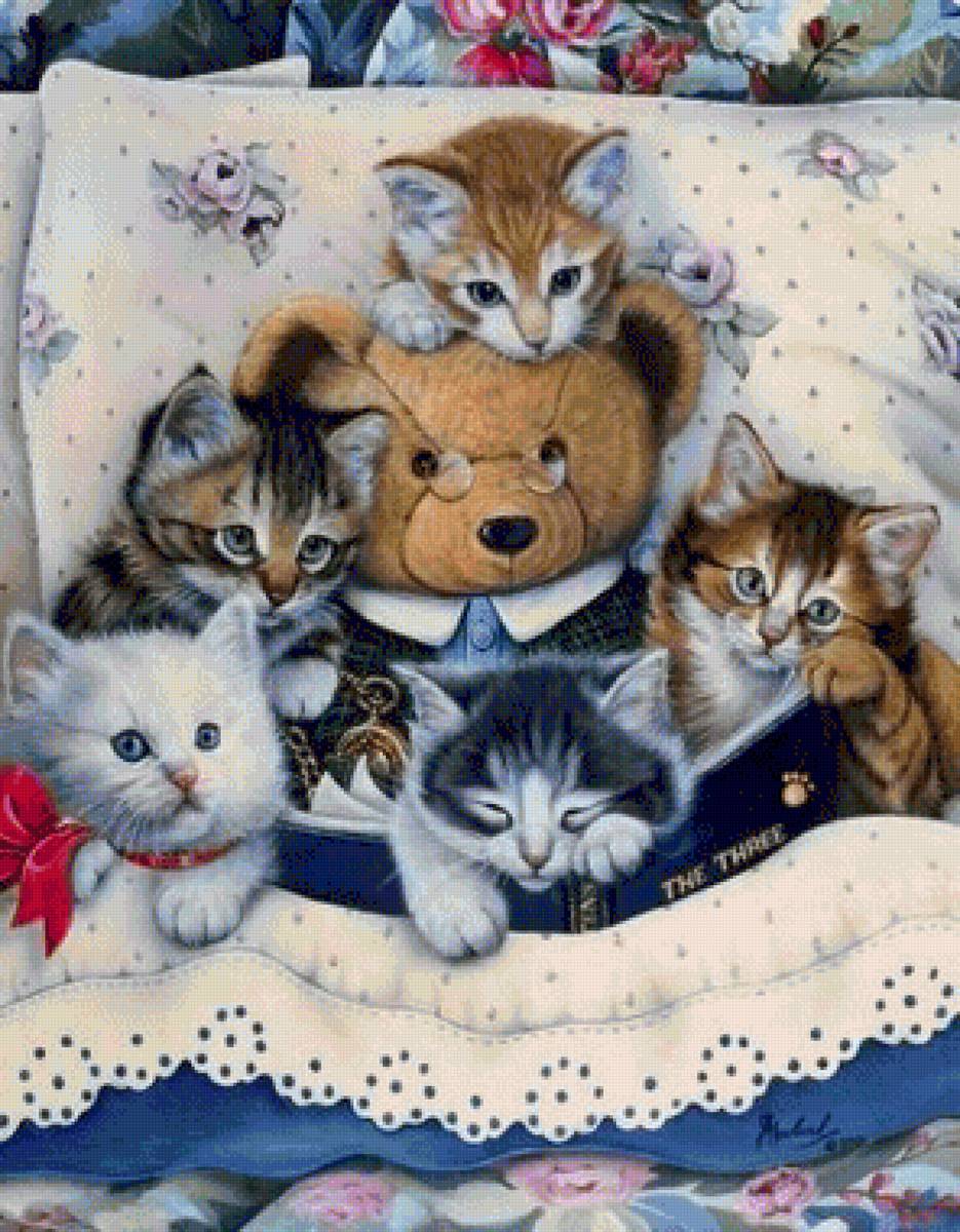 Плюшевый мишка с котятами - мишка и котята - предпросмотр