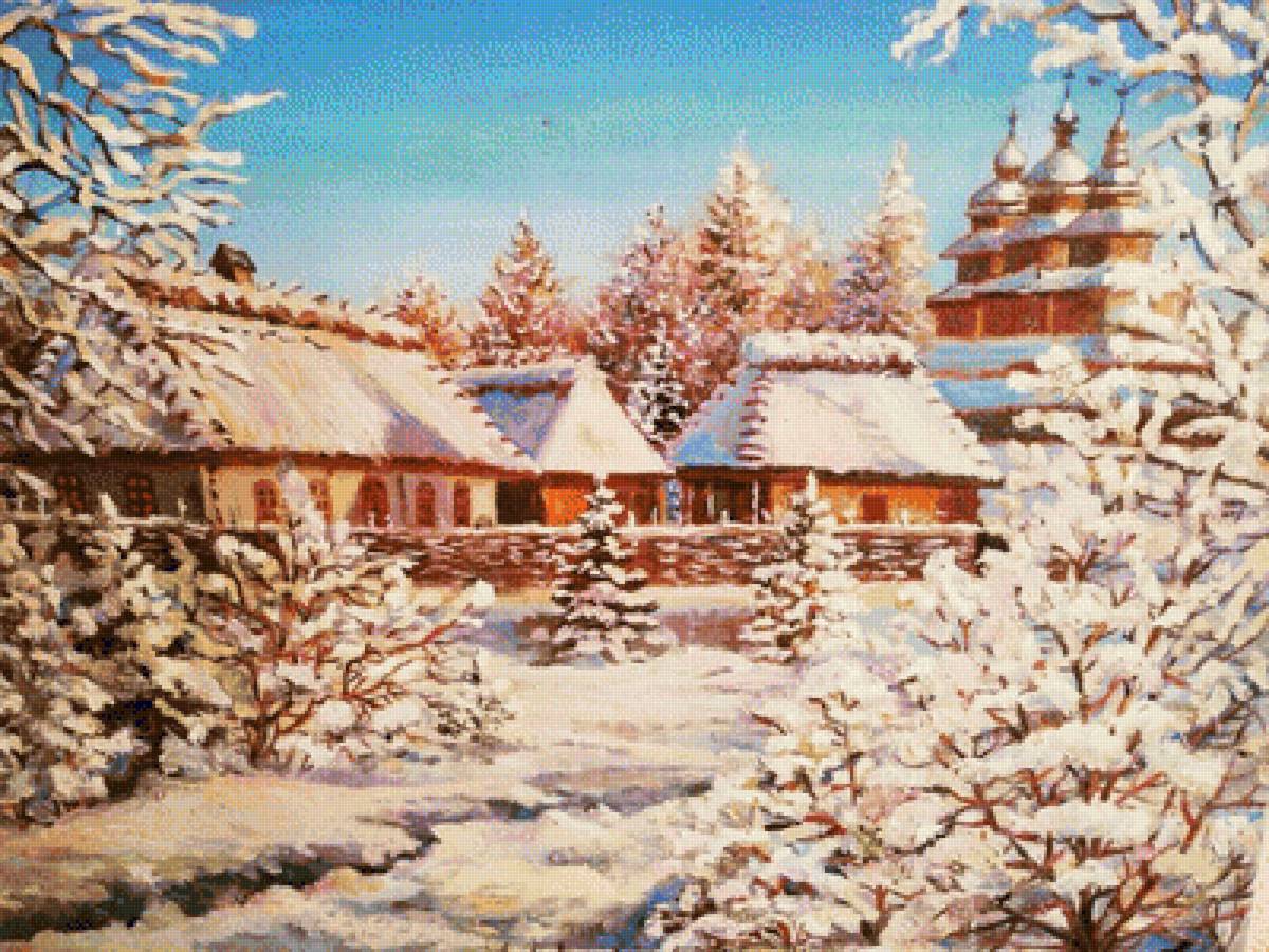 №1984603 - церковь, зима, мороз, природа, снег, солнце, домики - предпросмотр