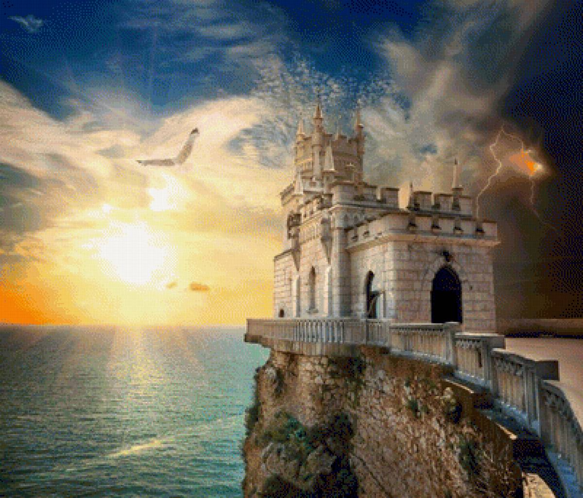 №1984609 - природа, тучи, солнце, птица, молния, море, замок на берегу моря - предпросмотр