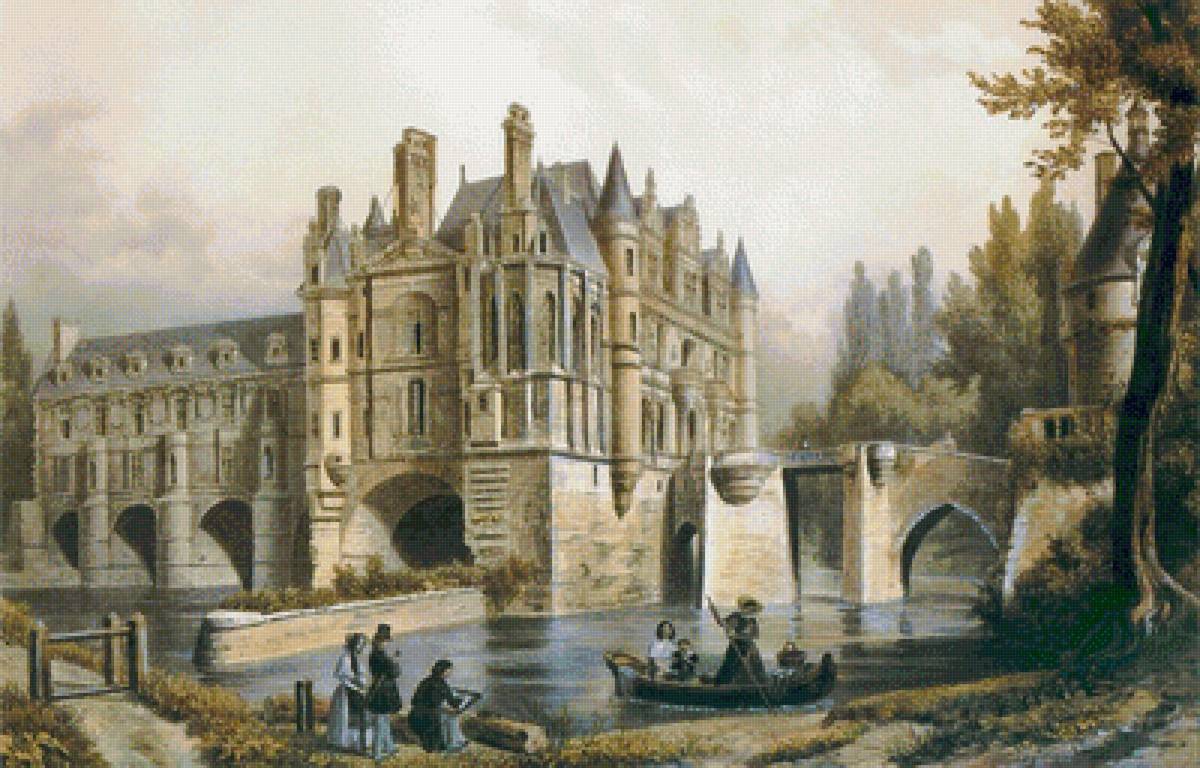 старый замок - лодка, картина, замок, река - предпросмотр