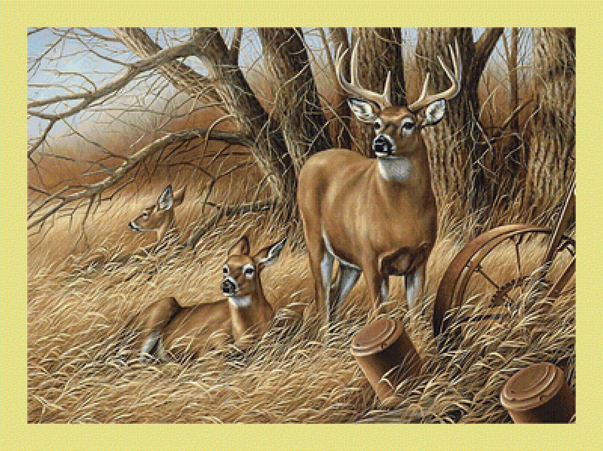 Олени. - живопись, животные, олени - предпросмотр