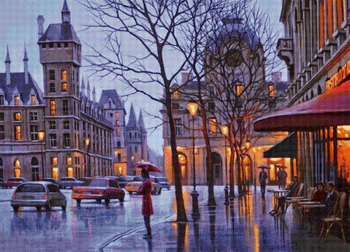 дождливый вечер - дождь, старый город, улица, машины, вечер - предпросмотр