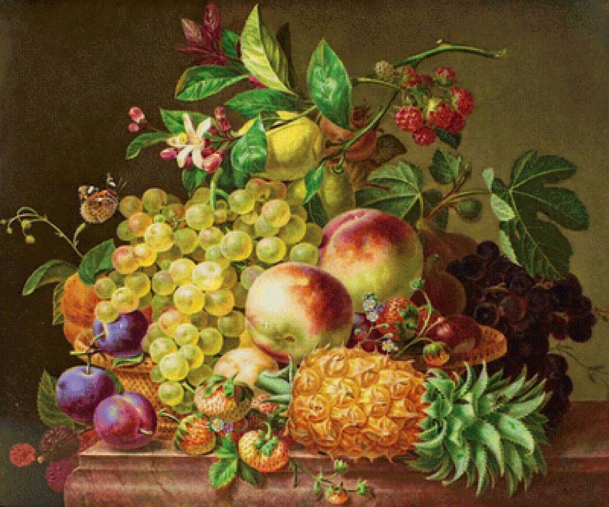 Натюрморт - фрукты, цветы, виноград, сливы - предпросмотр