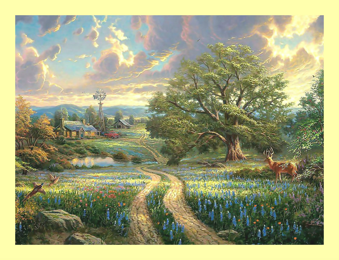 Пейзаж. - пейзаж, олени, лето, птицы, дерево, природа - оригинал