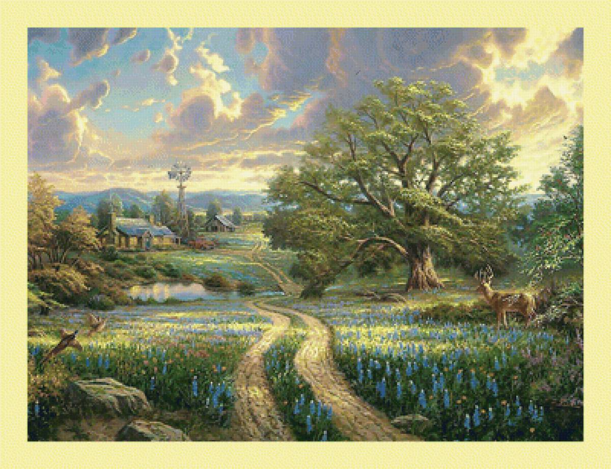 Пейзаж. - дерево, пейзаж, лето, олени, природа, птицы - предпросмотр