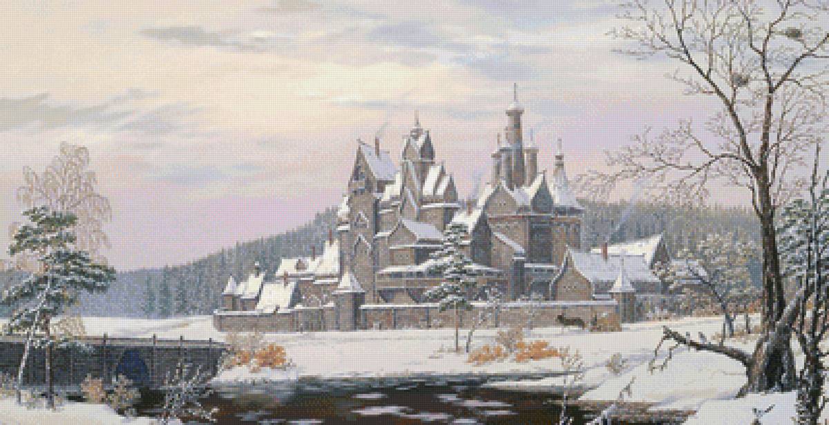 старый замок - деревья, замок, мостик, пейзаж, зима - предпросмотр