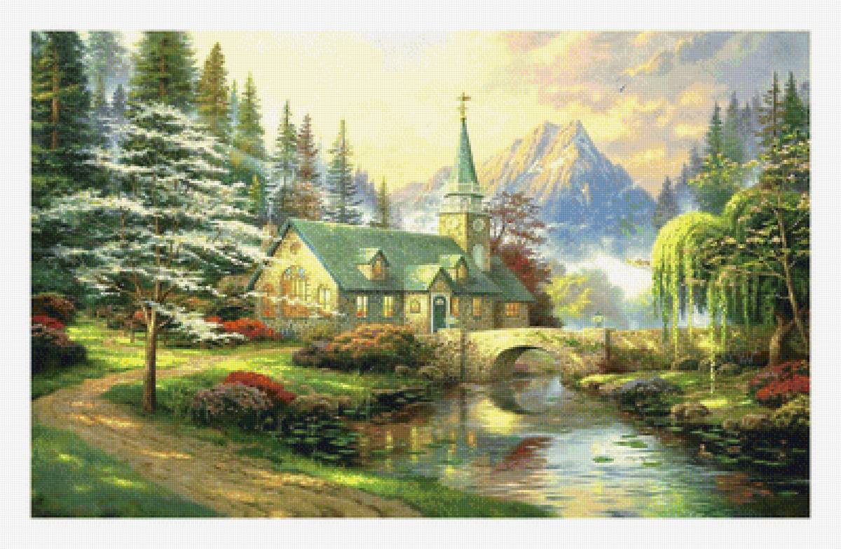 Пейзаж. - река, дом, пейзаж, горы - предпросмотр