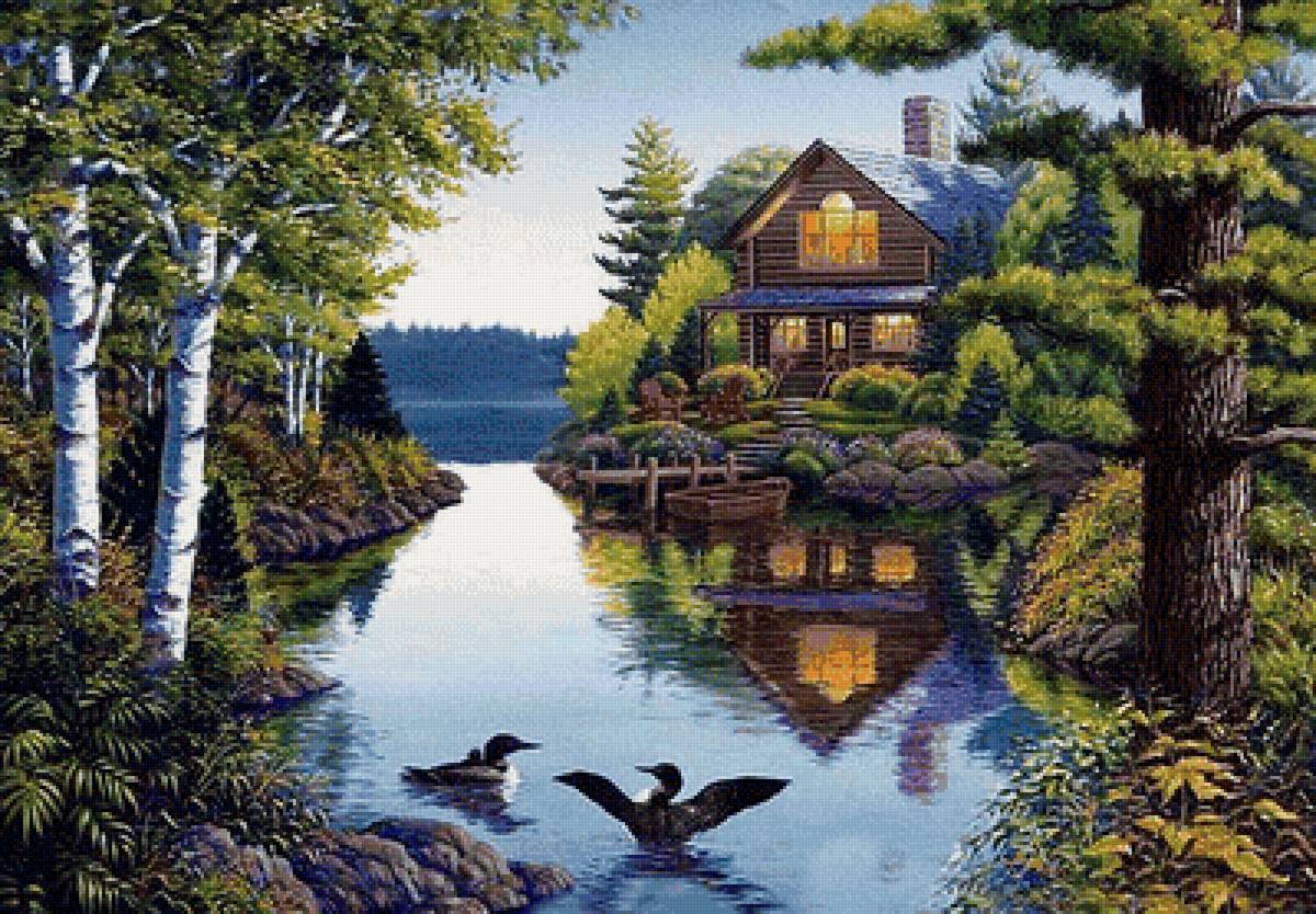 домик у реки - лес, деревья, река, домик - предпросмотр