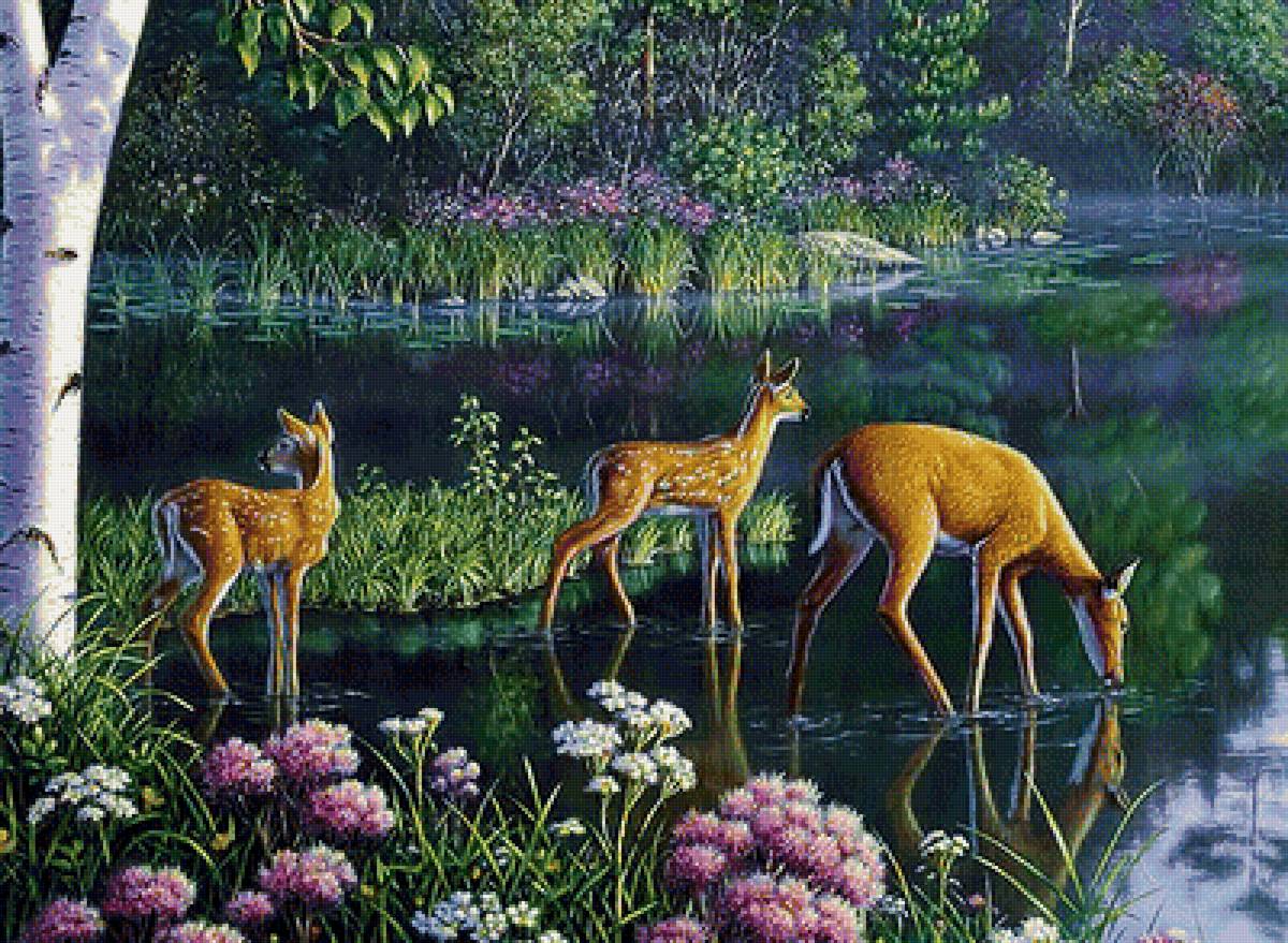 олени у реки - река, деревья, олени, цветы - предпросмотр