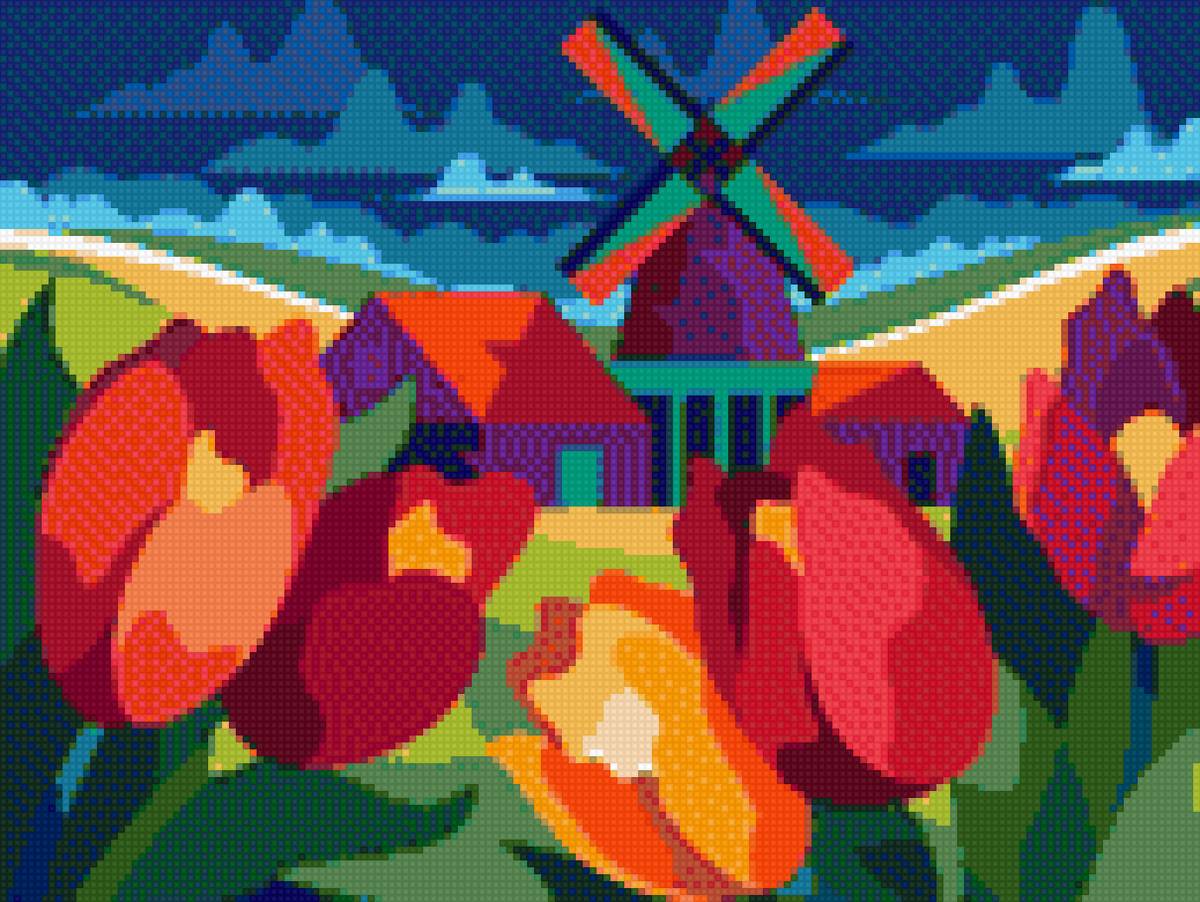 Старая мельница - мельница, пейзаж, весна, тюльпаны - предпросмотр