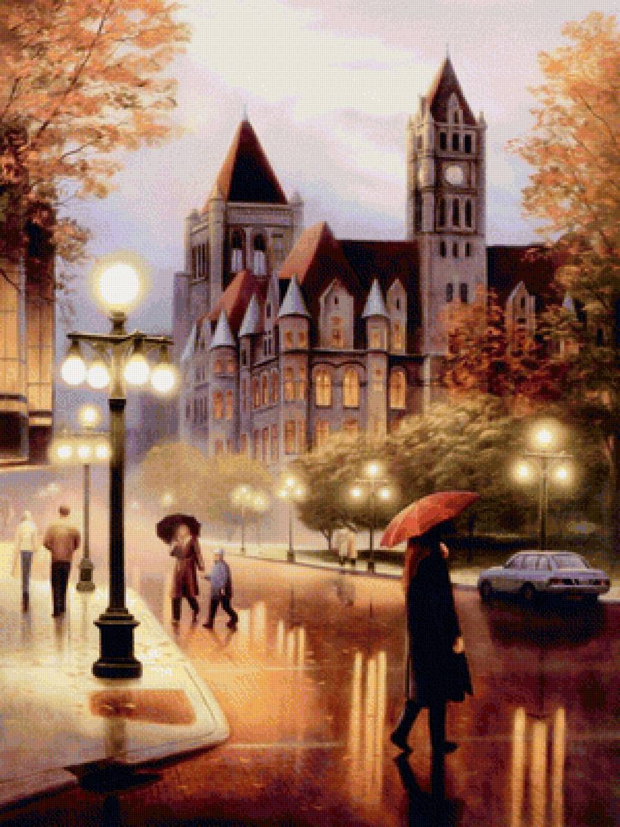 дождливый Лондон - осень, дождь, лондон, фонари, машина, город, улица, люди, вечер - предпросмотр