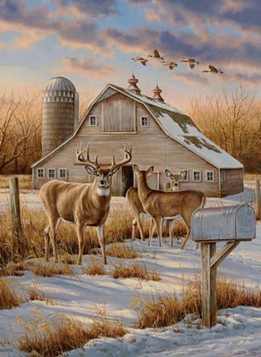 олени - зима, дом, животные, олени - предпросмотр