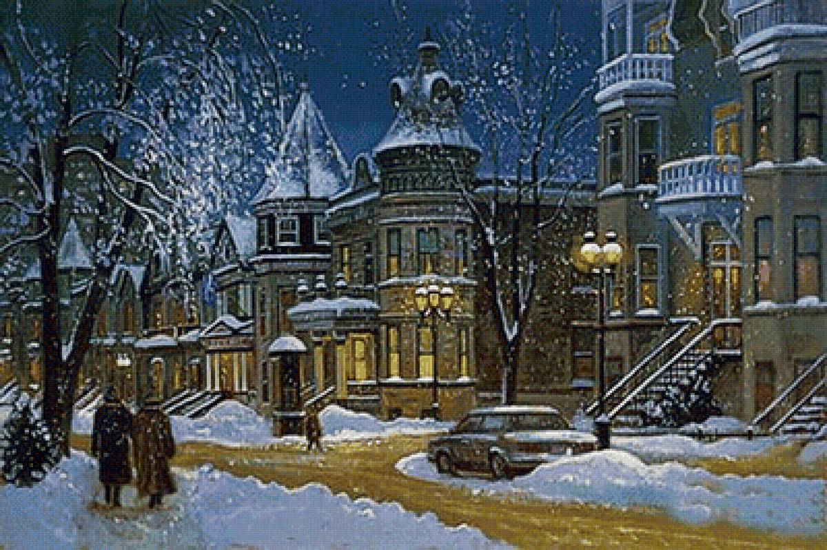 зимний вечер - машина, снег, улочка, вечер, зима, дом, деревья - предпросмотр