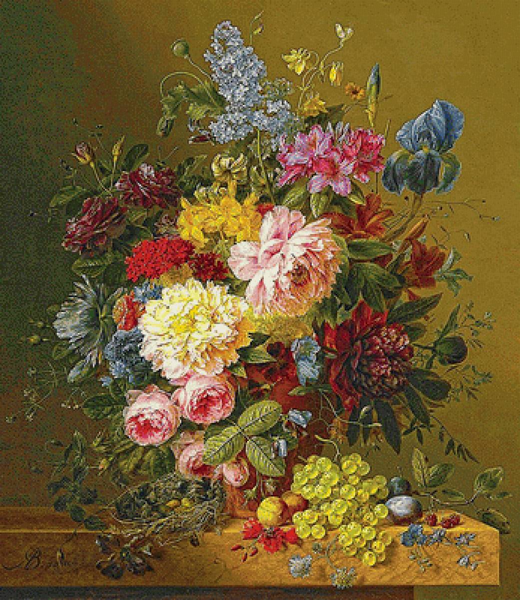 Натюрморт - цветы в вазе, виноград, цветы - предпросмотр