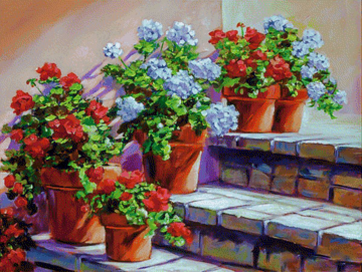 Stone Patio Steps. - david lloyd glover paintings.flowers and gardens. - предпросмотр