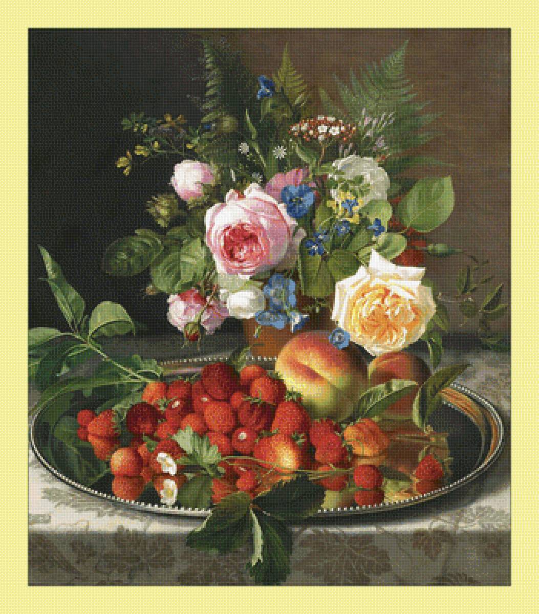 Натюрморт с клубничкой. - букет, живопись, натюрморт, клубника, цветы, ягоды - предпросмотр