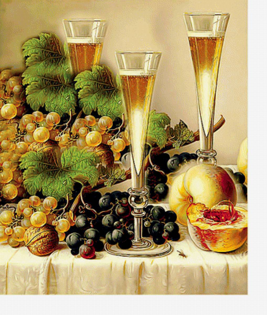 Натюрморт - виноград, бокалы, фрукты - предпросмотр