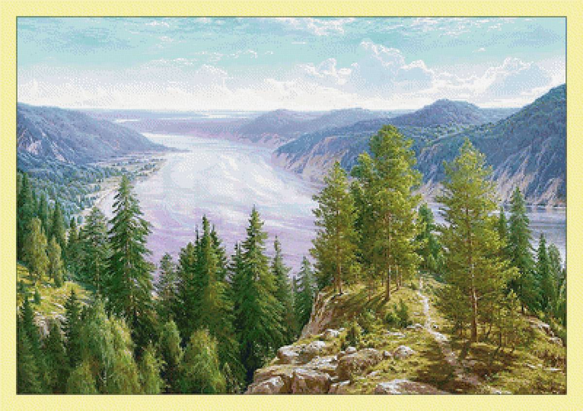 Пейзаж. - пейзаж, лес, живопись, река, природа, горы - предпросмотр