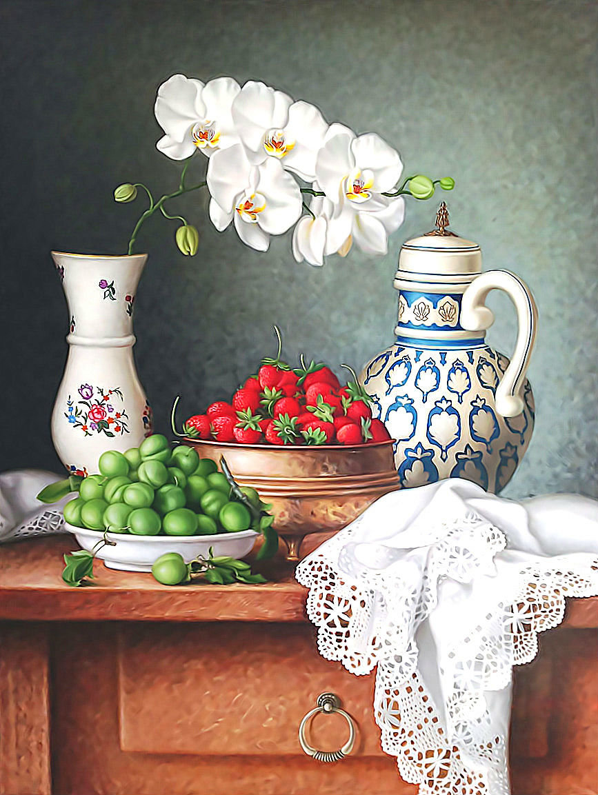 Натюрморт - сливы, ваза, клубника, цветы, орхидеи - оригинал