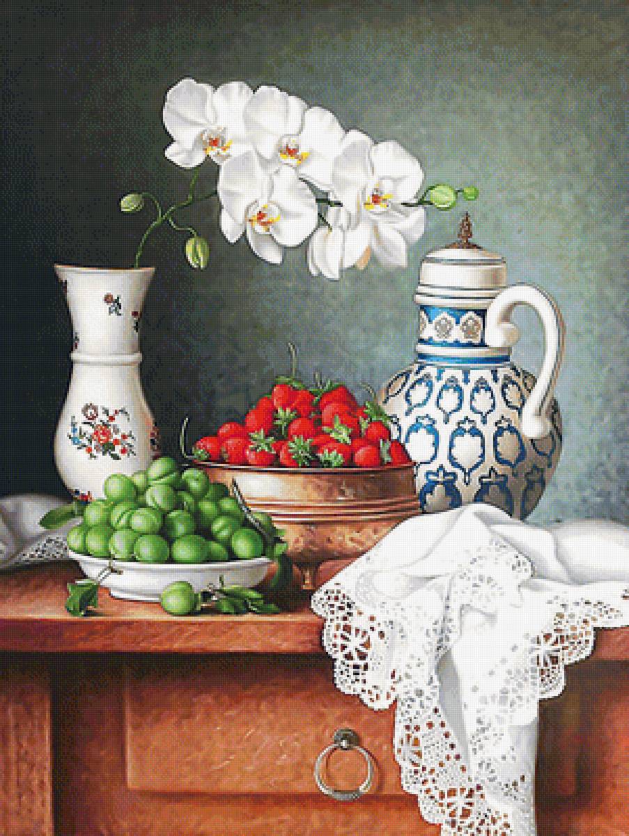 Натюрморт - ваза, клубника, сливы, цветы, орхидеи - предпросмотр