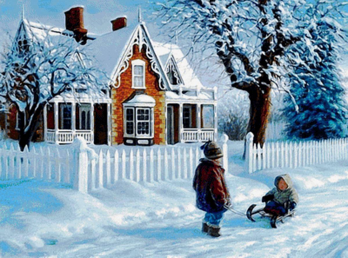 зима - дети, домик, дом, зима, деревья - предпросмотр