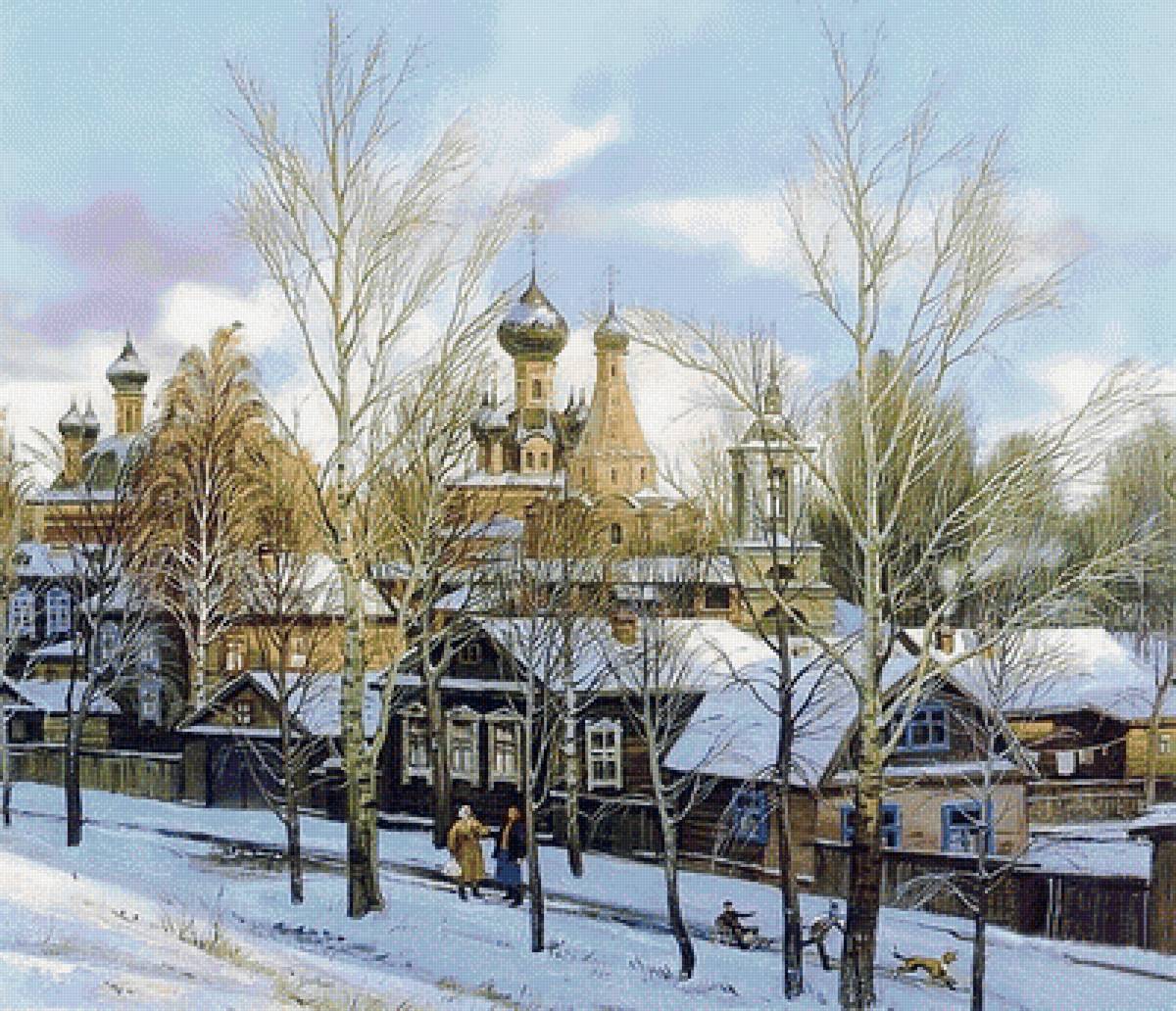 зима - деревня, зима, люди, храм, улочка, домики, деревья - предпросмотр