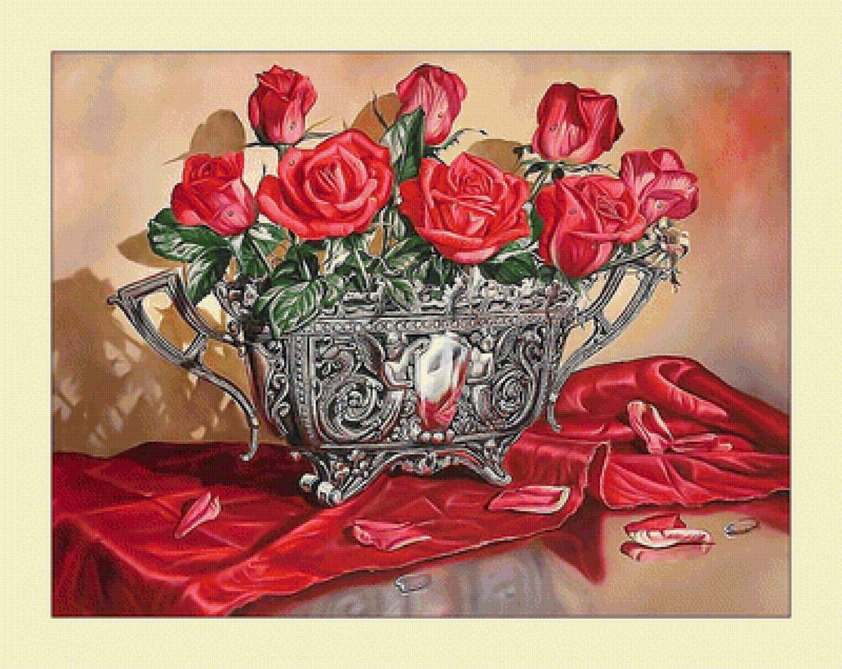 Красные розы. - розы, цветы, красные, живопись, ваза, букет - предпросмотр