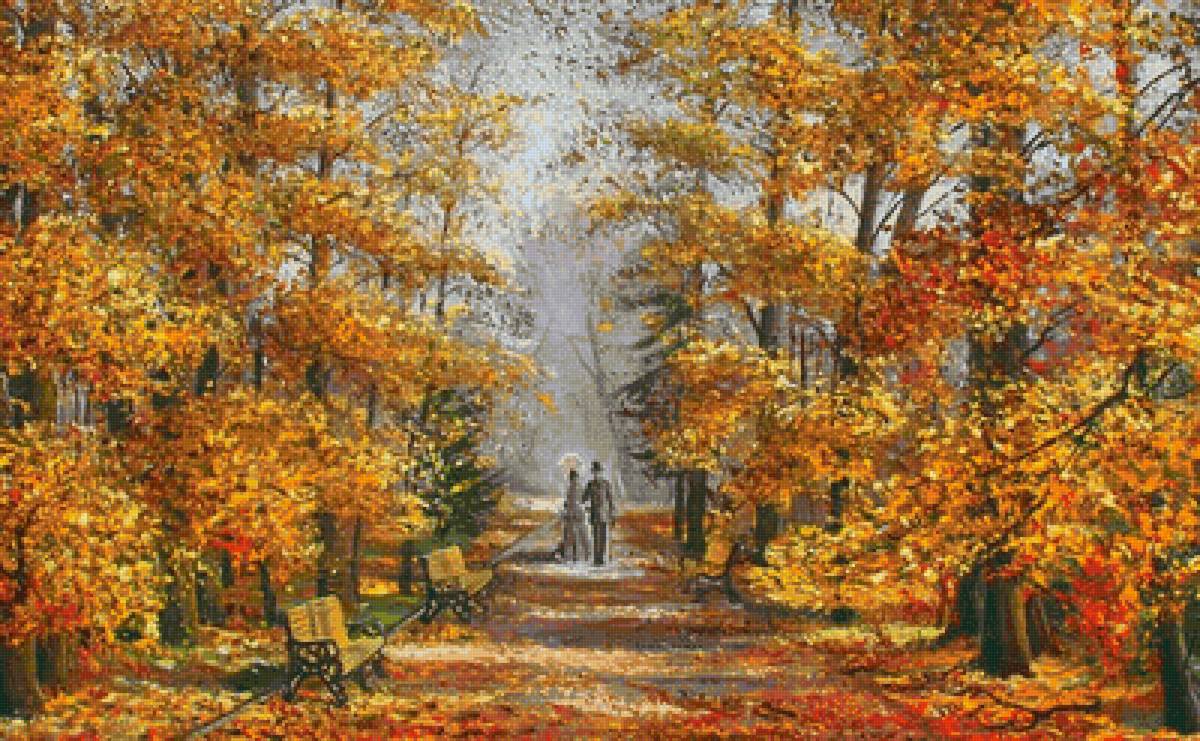 осенний парк - пейзаж, лавочка, парк, дорожка, осень - предпросмотр