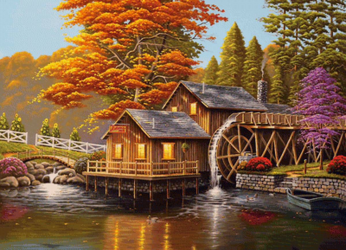 Серия "Пейзаж". Осень, мельница - речка, мельница, природа, лес, пейзаж - предпросмотр