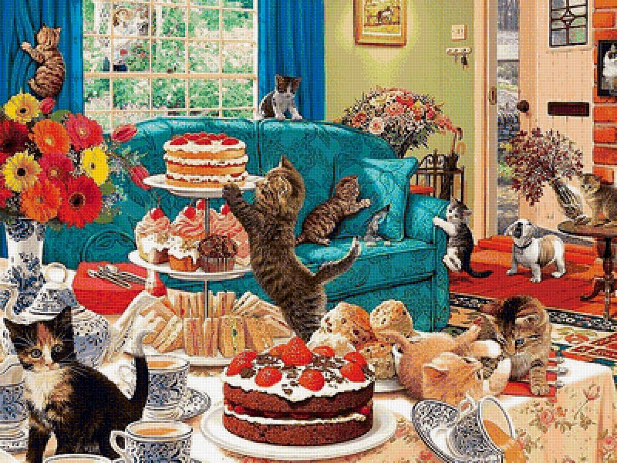 Пушистики - цветы, сладости, комната, котята - предпросмотр