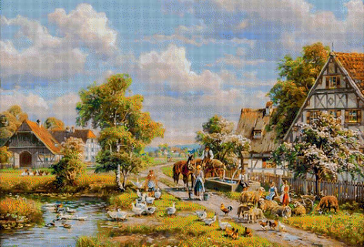 Village Of Peace. - hubert kaplan paintings.scenarys.people.animals.birds. - предпросмотр