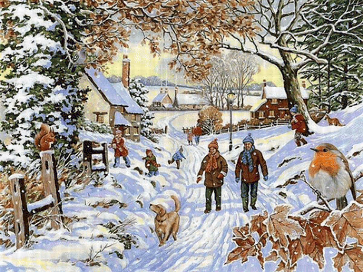 Зимняя прогулка - птичка.собака, зима, люди, дети, игра - предпросмотр