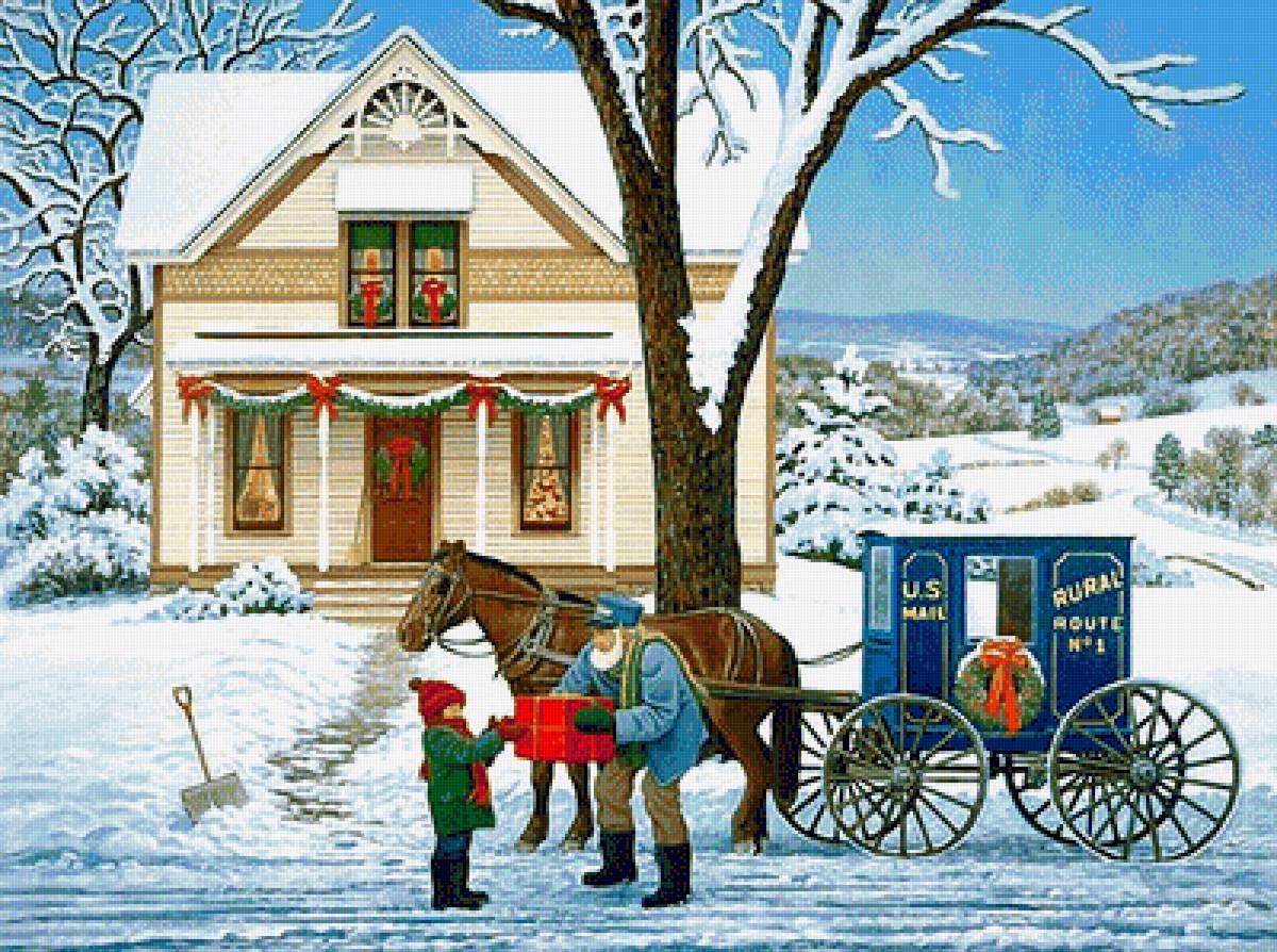 №1993166 - люди, зима, лошадь, домик, деревья - предпросмотр