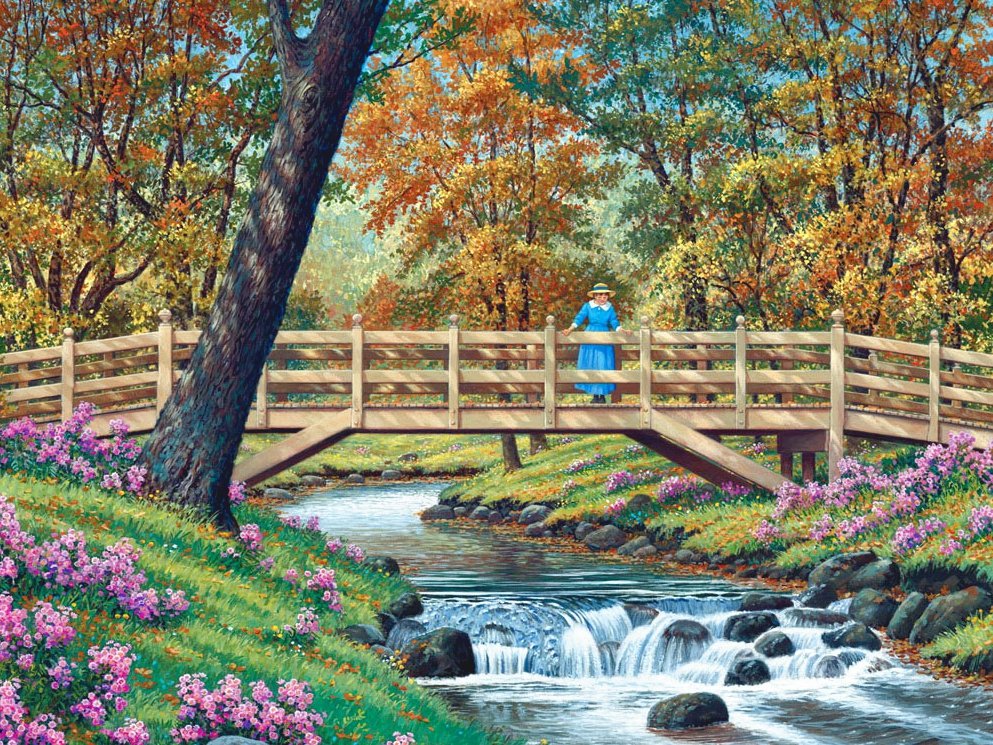 №1993168 - река, деревья, мостик, осень, цветы - оригинал