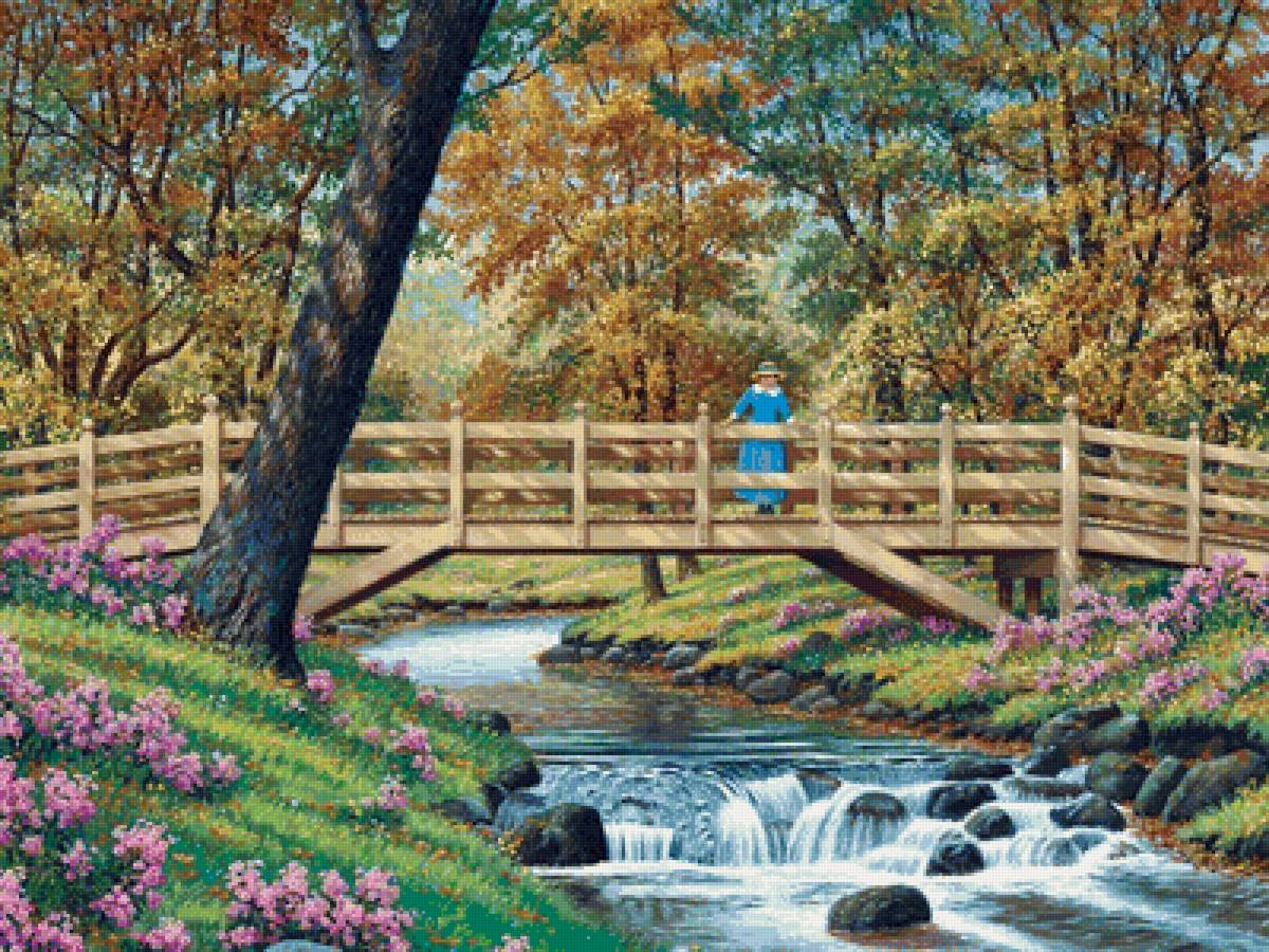 №1993168 - осень, цветы, река, деревья, мостик - предпросмотр