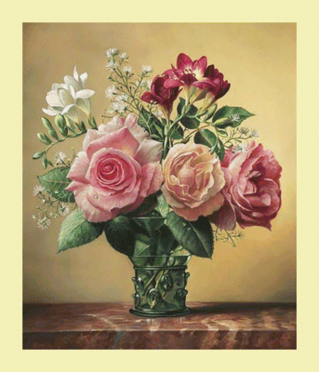 Букетик роз. 293/350 крестов. - букет, цветы, розы, ваза, живопись - предпросмотр