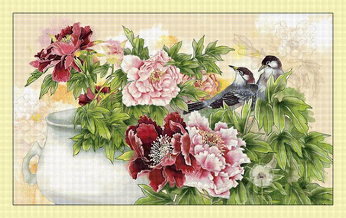 Пионы и птицы. - цветы, букет, птицы, пионы - предпросмотр