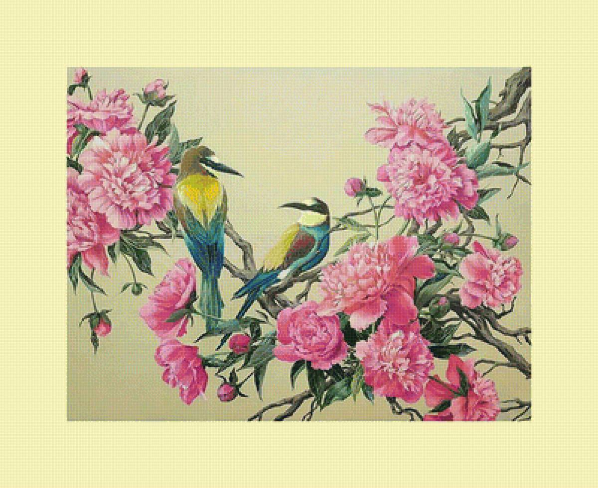 Пионы и птицы. - цветы, пионы, птицы - предпросмотр