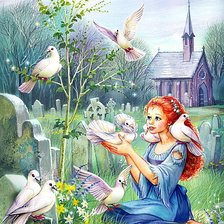 Схема вышивки «Девочка и голуби»