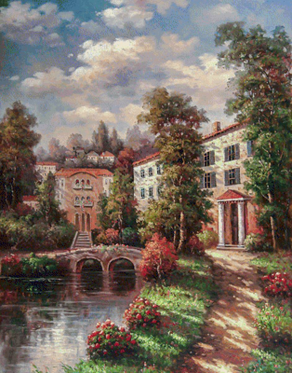 Small Bridge before Houses. - scenarys.flowers and gardens. - предпросмотр