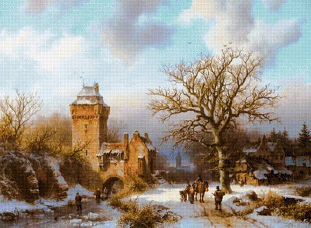 Snow Village. - barend cornelis koekkoek painter.snowscenes.people.animals. - предпросмотр